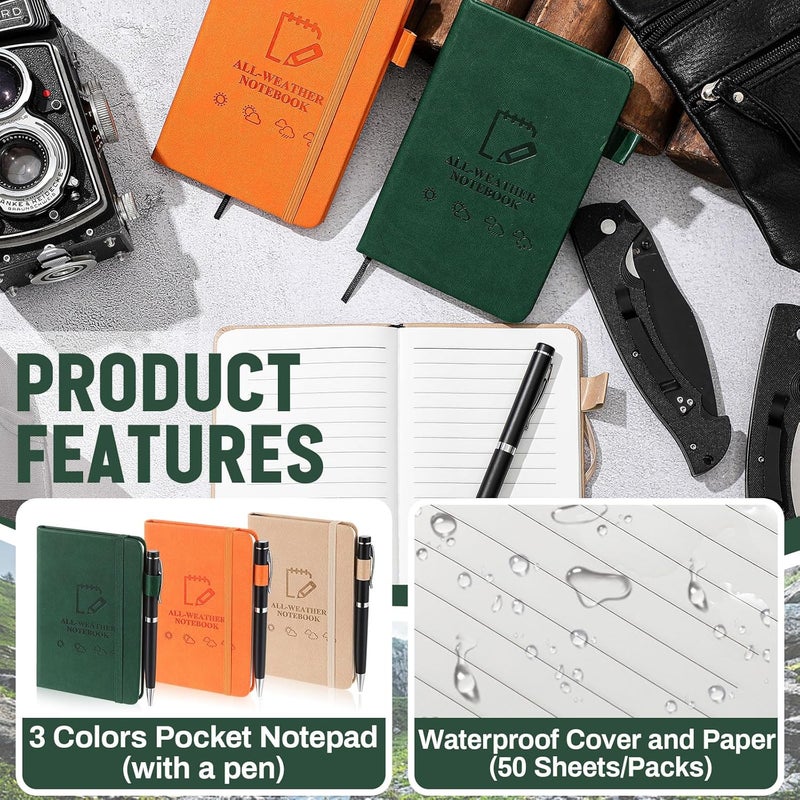 Resholder 3 Packs Waterproof Notebook 4" x 6" Stone Paper Notebook All-weather Small Pocket Notepad A6 Steno Pads Rain Waterproof Notepad for Woodworker Outdoor Wild Hiking(Brown, Green, Orange) - Image 3